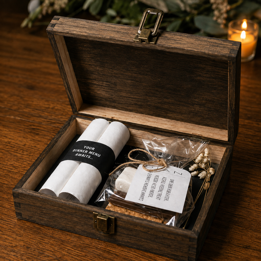 An open dark wooden gift box on a wooden table, containing rolled white towels with a black band reading 'YOUR GIFT MENU AWAY.' and a small clear bag with a tag and dried flowers.