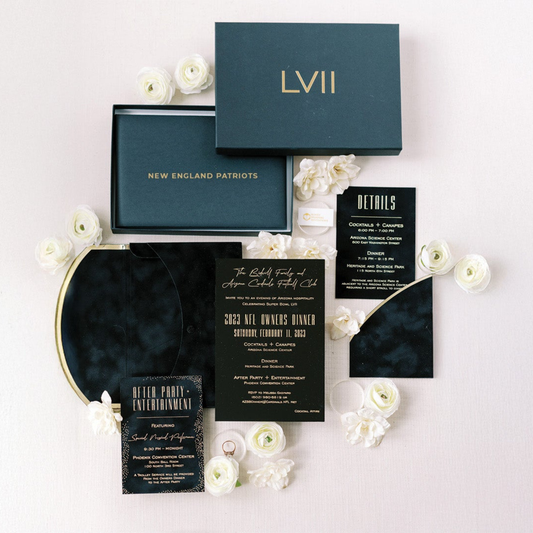 Luxury Custom Super Bowl Invitation in Black Acrylic & Suede